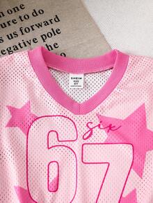 SHEIN Young Girl Knitted Numeric Pattern V-Neck Casual Cropped T-Shirt Girl Summer Set 6t Sets Kids Pink Pink Jersey For Girls Girl Pink 2 Pieces Set Girls Street Wear Sets - Pink - View 7