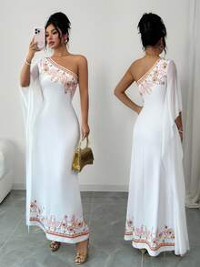 Rafferiza Women's Spring/Summer/Autumn Middle East Off-The-Shoulder Printed Splice Net Dress, Slim And Elegant, Flow And Majestic Long Dress - White - View 6