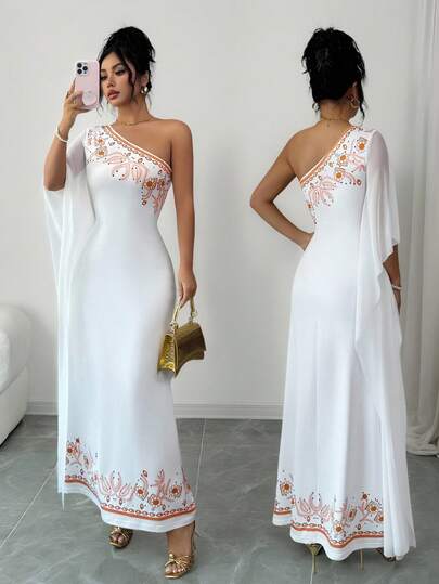 Rafferiza Women's Spring/Summer/Autumn Middle East Off-The-Shoulder Printed Splice Net Dress, Slim And Elegant, Flow And Majestic Long Dress