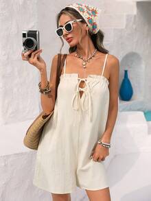 女士休闲连体裤，荷叶边饰边，系带前襟，纹理面料，适合春夏外出和度假穿着 - 杏色 - 查看 8