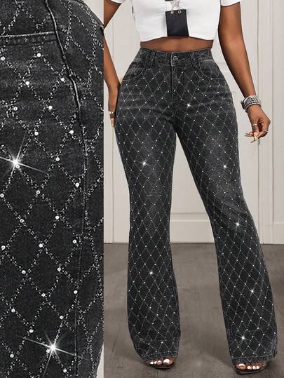 Slaydiva Women's Casual Fashion Street Rhinestone Argyle High Waist Flare Leg Jeans