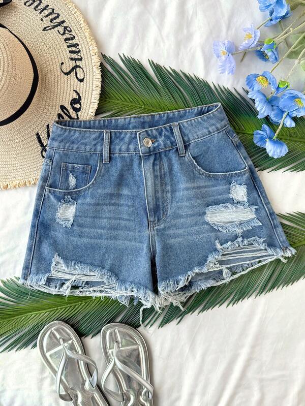 Soleia Light-Colored Distressed Denim Shorts, Casual Summer  Summer Holiday Outfits Spring Break Outfits Carnival Costumes Beach Shorts Beach Shorts Vacation Outfits Women Summer Vacation Outfits Casual Outfit For Women Womens Casual Denim Distressed Frayed Hem Shorts