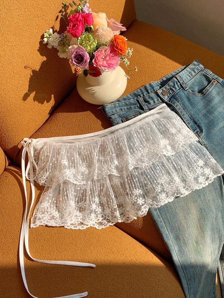 Comfortcana 女士时尚百搭荷叶边侧系腰带半身裙，夏季 - 白色 - 查看 2