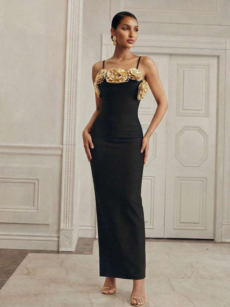 Women's New Black Bodycon Sexy Spaghetti Strap Floral Dress, Bodycon Mini Dress For Street, Party, Birthday, Christmas
