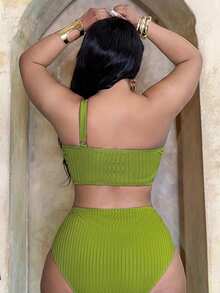 Slaydiva Plus Size Women's 2-Piece Set, 2026 New Arrival, Hot Selling, Solid Color Black Thick Ribbed Knit Jacquard Fabric, Fashion Resort Daily Casual, Asymmetric Neckline, Sexy High Waist Triangle Bottoms, Tummy Slimming Ruched Separate Bikini Set Set - Green - View 2