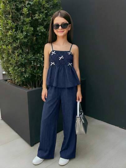 SHEIN Tween Girls' Casual Butterfly Decor Camisole & Pants Set, Summer