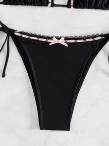 SHEIN Swim 夏季沙灘女性純色比基尼套裝，頸帶飾有蝴蝶結，適用於泳池和度假 - 黑色 - 查看 5