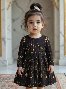 SHEIN Baby Girl Lantern Print Casual Comfortable Long Sleeve Dress, Holiday Edition - Black - View 4