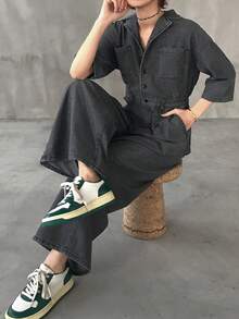 FRIFUL Women's Casual Everyday Commute Lapel Collar Slant Pocket Loose Wide Leg Denim Jumpsuit - Grey - View 4