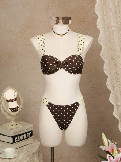 Bellisia Retro Brown Polka Dot Twist Bikini 2 Pieces Set, Latest Bestseller French Style Swimsuit, Classic Polka Dot Contrast Color Design, Front Twist Accentuates Curves, Vintage Bombshell Beach Vacation Women's 2 Pieces Swimwear