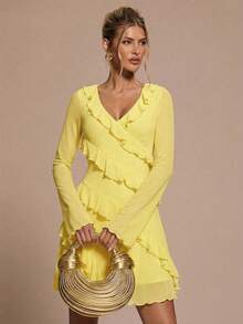 SHEIN BAE Women's Solid Color V-Neck Ruffle Trim Tie Front Fashion Date Party Mini Dress - Yellow - View 4