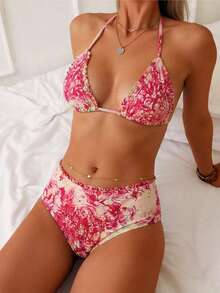 Swim Mod 2026新款女士泳装到货，花卉蕾丝边饰泳衣套装，适合海滩、度假、上学、约会、下午茶、西式、邮轮、海滩、海岛、公路旅行、四季皆宜、音乐节、波西米亚风度假、秋日休闲、西式波西米亚风、优雅女士比基尼上衣，花卉两件套沙滩套装，波西米亚风比基尼套装 - 彩色 - 查看 5