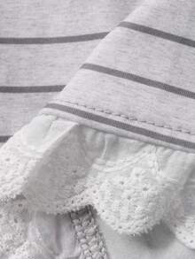 DAZY 2pcs Women Cartoon Girl Striped Splice Raglan Sleeve Lace Ruffle Trim Loose Long Sleeve T-Shirt And Pants Pajama Set - Blue - View 9