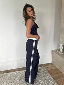 RebeccaVibe 条纹拼接印花低腰直筒系带女式运动长裤 - 藏蓝色 - 查看 4