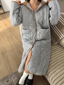 DAZY Women's Thick Quilted Cable Textured Loose Fit Robe, Winter - Grey - View 11