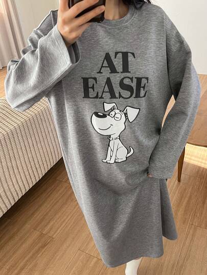 DAZY 宽松长袖狗狗印花睡裙，女士秋季睡衣连衣裙