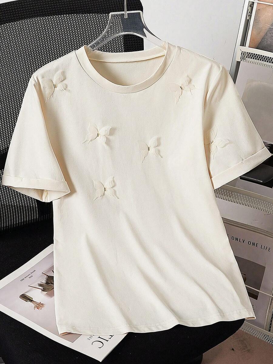 Modelyn 女士休闲宽松圆领3D立体花卉甜美优雅短袖T恤，春夏款