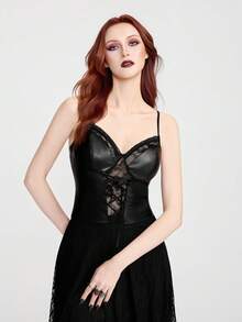 Breakform Women's Gothic Sexy Lace Patchwork PU Leather Front Lace-Up Decor Slim Fit Camisole - Black - View 5