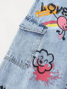 SHEIN Teen Girl Denim Cargo Wide Leg Jeans, Sweet & Cool Street Fashion Casual College Style Vacation Recommendation, Pink Heart And English Print Cute Sweet, Side Pockets Design Street Cargo, Elastic Waistband Comfortable, Loose Fit Flattering, Button Front Closure Convenient, Suitable For Home, Daily Wear, Date, Shopping - Light Wash - View 4