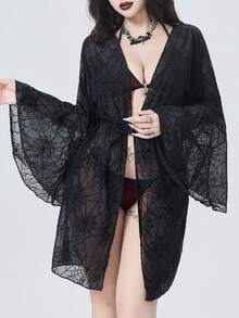 ROMWE Goth 2026 最新款黑色蜘蛛网纹理面料超大袖子，抽绳腰带设计，夏季沙滩泳池派对哥特风女式泳衣罩衫 - 黑色 - 查看 5