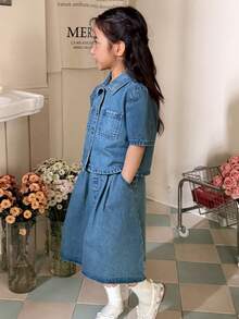 DAZY Young Girl Casual Denim Set: Puff Sleeve Button-Up Shirt And Mini Skirt
