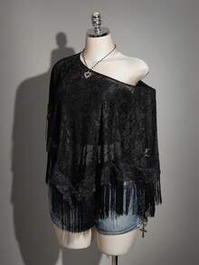 SHEIN ICON 大码女式复古性感优雅个性前卫大胆现代时尚都市新款中式宴会/晚宴网纱提花拼接流苏半透明圆领黑色宽松上衣 - 黑色 - 查看 8