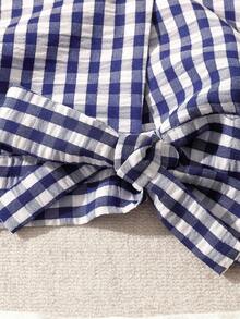 Franclia 女士休闲度假优雅格纹梭织海军蓝方格短袖衬衫，腰部系带纽扣前襟设计，适合户外野餐、欧洲夏季穿着。 - 藏蓝色 - 查看 5