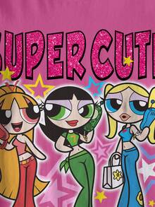 THE POWERPUFF GIRLS X SHEIN Tween Girl Blossom, Bubbles, Buttercup Pattern Round Neck Short Sleeve T-Shirt - White - View 3