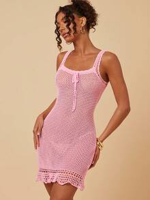 Travachic 女士镂空系带性感粉色针织连衣裙 - 粉色 - 查看 4