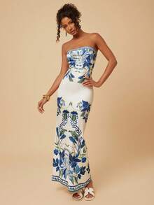 Travachic Women's Floral Print Bandeau Vacation Dress - Blue and White - View 6