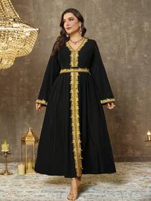 Plus Size Long Sleeve V-Neck Color Block A-Line Arabic Style Dress With Gold Lace Trim - Black - View 6