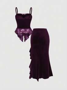 ROMWE Goth Áo hai dây phối ren tương phản bằng nhung màu tối chủ đề Halloween, kết hợp với chân váy đuôi cá. - Màu tím - Xem 2