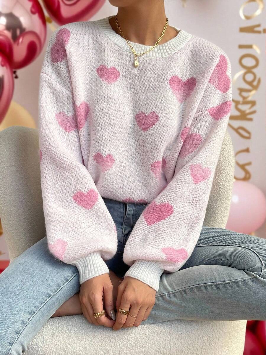 Chiquease Heart Pattern Drop Shoulder Jumper - Baby Pink - View 1