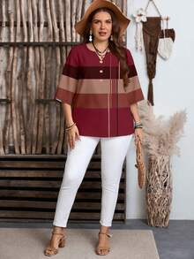 EMERY ROSE Casual Minimalist Red Base Geometric Striped Print Plus Size Shirt, Suitable For Spring And Autumn - Multicolor - View 5