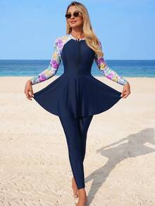 Swim Mulvari Women's Summer Navy Blue Patchwork Shell Print Zipper Long Sleeve Dress & Pants 2 Pieces Burkini Swimwear Beach Outfit - Navy Blue - View 3