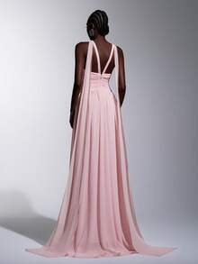 Elitara 优雅奢华粉色飘逸雪纺宽肩带性感露背披肩式女士正式晚礼服 - 粉色 - 查看 3