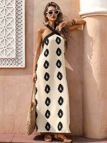 Selianne 女士优雅时尚通勤休闲舒适迷人复古简约高端浪漫假日无袖露背交叉蝴蝶结A字下摆撞色拼接印花连衣裙（随机印花） - 杏色 - 查看 5