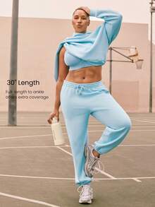 GLOWMODE 加大码 30 英寸日常舒适抓绒裤，柔软保暖，侧边口袋，可调节抽绳腰带，宽松版型，弹性裤脚，休闲运动裤 - 淺藍色 - 查看 5