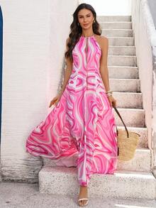 SHEIN Holidaya Vestido de estampado elegante sin mangas con cadena en el cuello, estilo de vacaciones para mujer - Multicolor - Ver 5