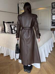 Ronhire Manteau trench long casual à manches longues et boutons pour femmes - Marron - Voir 2
