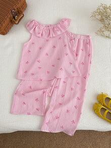 SHEIN 2pcs Young Girl Ditsy Floral Ruffle Trim Top And Loose Fit Pants Set - Pink - View 8