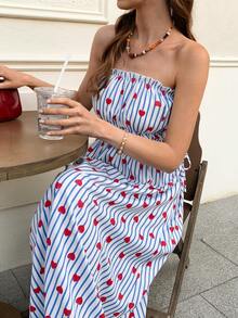Elyressa 女士无肩带条纹心形印花优雅收腰派对连衣裙 - 彩色 - 查看 1