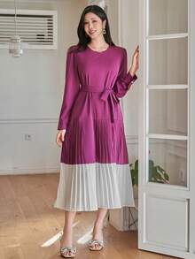 DAZY Women's Elegant Contrast Color Pleated Waist Midi Dress, Spring/Summer Wedding Guest Dress - Red Violet - View 6