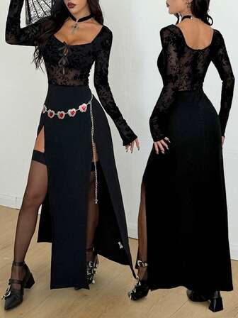 Coolane 女士四季皆宜哥特风Y2K演唱会/锐舞派对/音乐节/外出/文艺复兴集市/夜店派对黑色网纱方领长裙