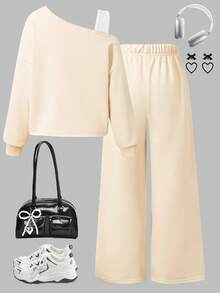 SHEIN Explorewe Bộ đồ thể thao mùa thu/đông cho bé gái, áo nỉ cổ chéo phối dây, vai bất đối xứng, nơ ngắn in họa tiết + quần ống đứng cạp chun cùng màu, 2 món phong cách tối giản thường ngày. - Màu be - Xem 2