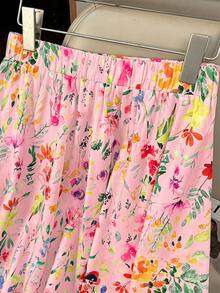 Franclia Falda casual de línea A con cintura elástica y estampado floral para mujer, verano - Rosa - Ver 4