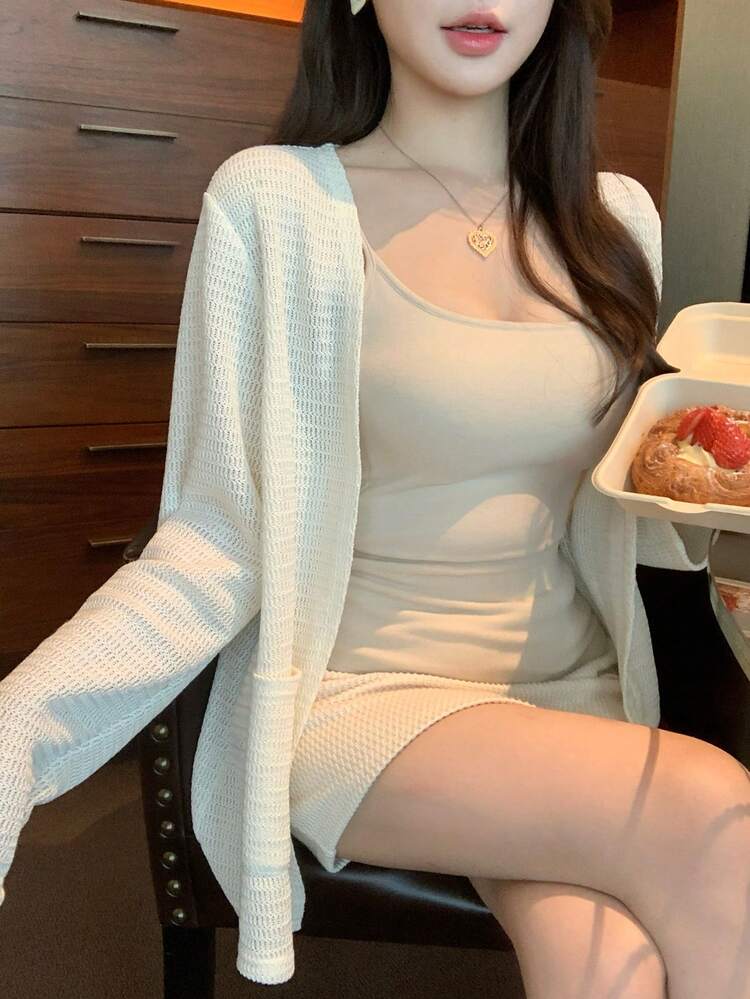 Women's Solid Color Long Sleeve Cardigan And Midi Skirt Casual 2-Piece Set