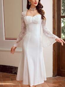 Vintamour Váy hoa trắng thanh lịch phong cách vintage cho nữ, phối ren patchwork, viền bèo nhún, dáng ôm bodycon, trang phục dự tiệc cưới, tiệc cưới, mùa hè, mùa xuân, kỳ nghỉ - trắng - Xem 6
