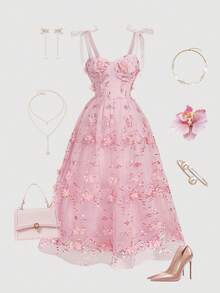 SHEIN MOD Plus Size Women's Elegant Embroidered Tie Shoulder Midi Dress,Party Dress ,Elegant Dress Women,Corset Top Dress,Unique Dress,Party Dresses ,Date Night Dress,Formal Dresses For Women,Valentine's Day, Rose Dress, Dress Pink, Garden Party Formal Dress,Spring Break Outfits,Summer Dress Bridal Shower Outfit Pink Tea Party Dress Pink Flower Dress Pink Birthday Outfit Women - Pink - View 2