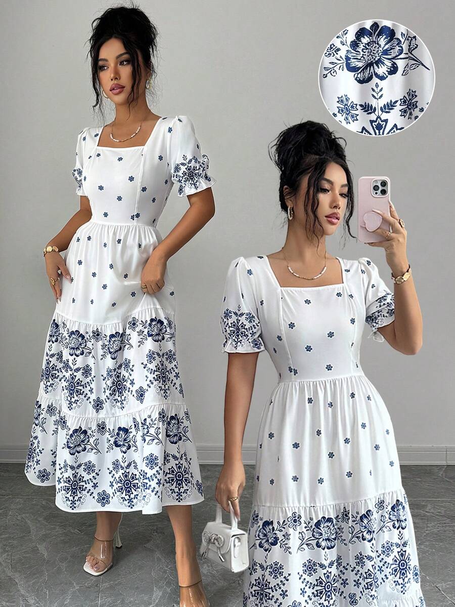 Rafferiza Women's Elegant White And Blue Floral Mid-Length Dress,Square Neckline,Gathered Back Yoke,Elastic Waist,Summer Holiday Vacation Casual Floral Dress - Multicolor - View 1